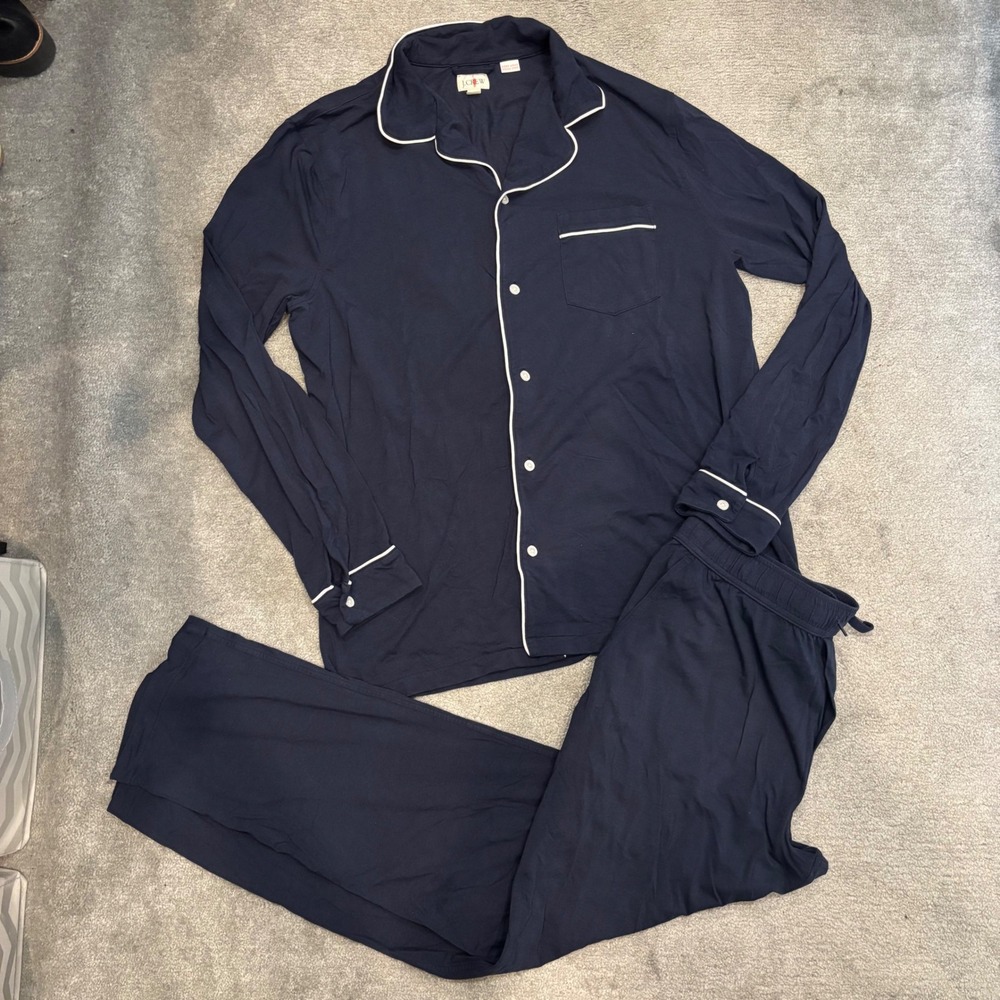 J.Crew Navy Blue Cotton Modal Knit Pajama Set White Piping Long Sleeve Pants L